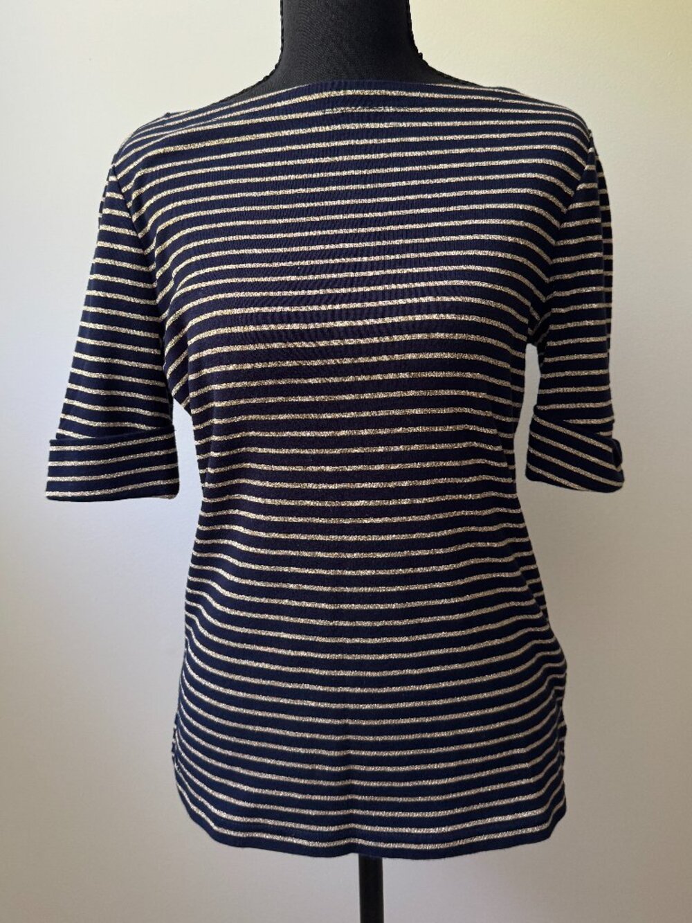 Lauren Ralph Lauren Navy Gold Metallic Striped Boatneck Top Cuffed Sleeve Medium